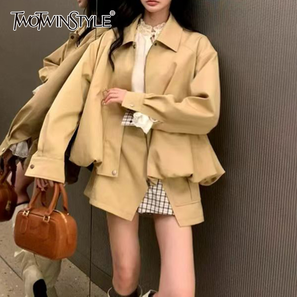 Street Fashion Jacket - TWOTWINSTYLE Khakl Spliced Pocket Two Piece