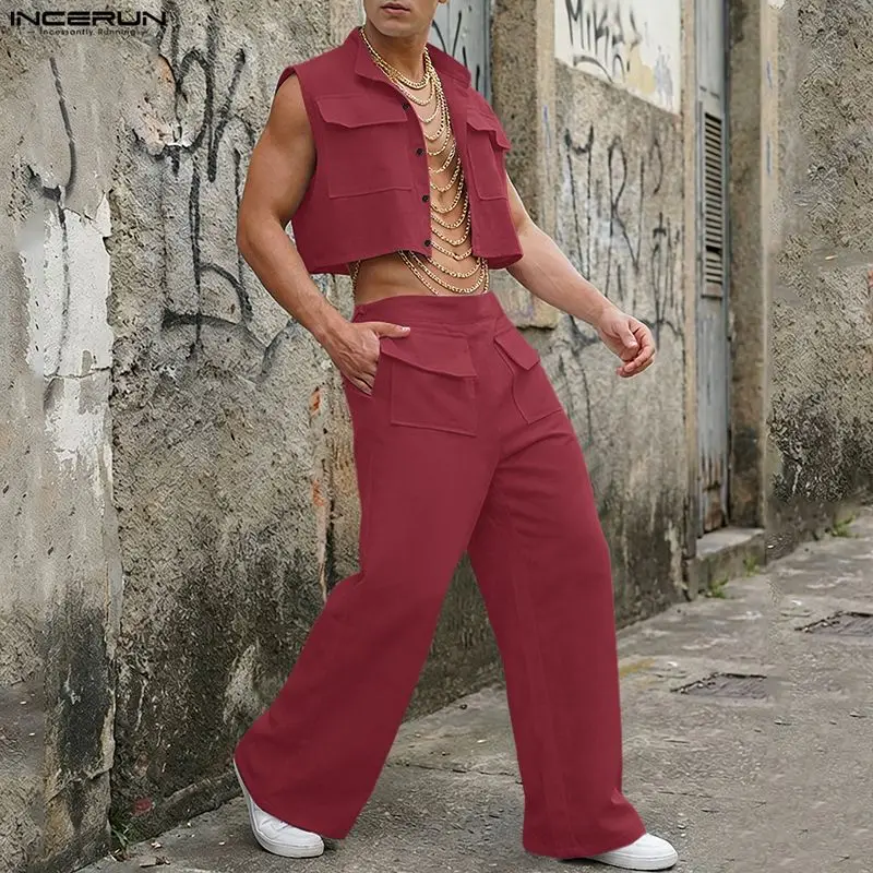 Fashion Streetwear - INCERUN Men Sets Solid Sleeveless Crop