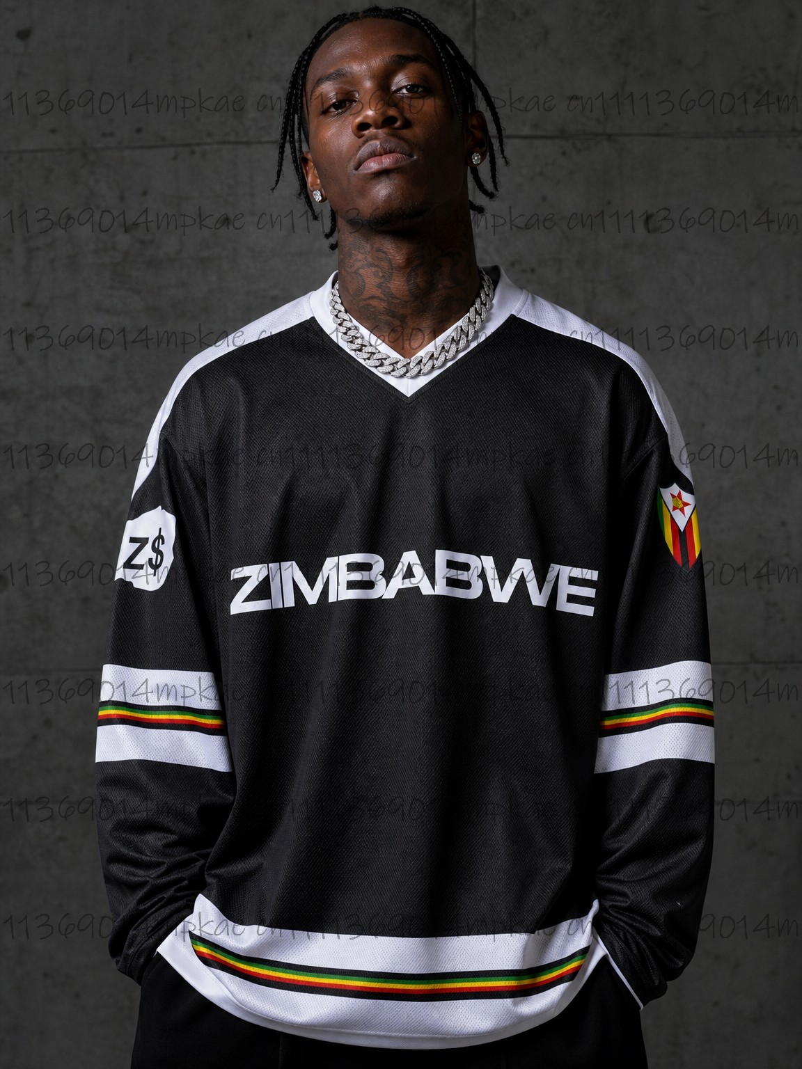 Fashion Streetwear - Men's Zimbabwe Printed V-Neck Long-Sleeve T-Shirt,