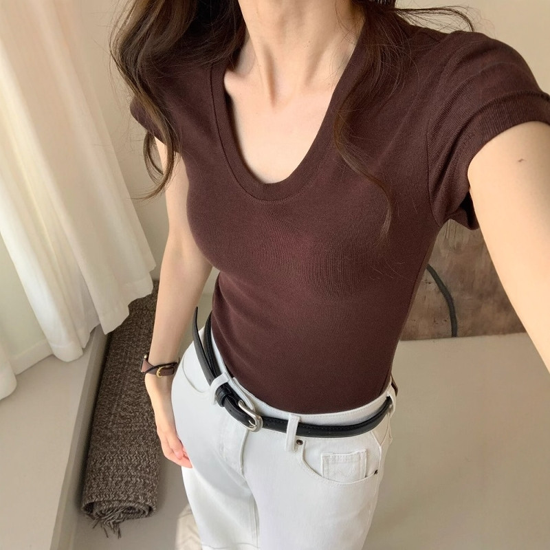 Fashion Streetwear - U-Neck Shoulder Short Sleeve T-Shirt Women
