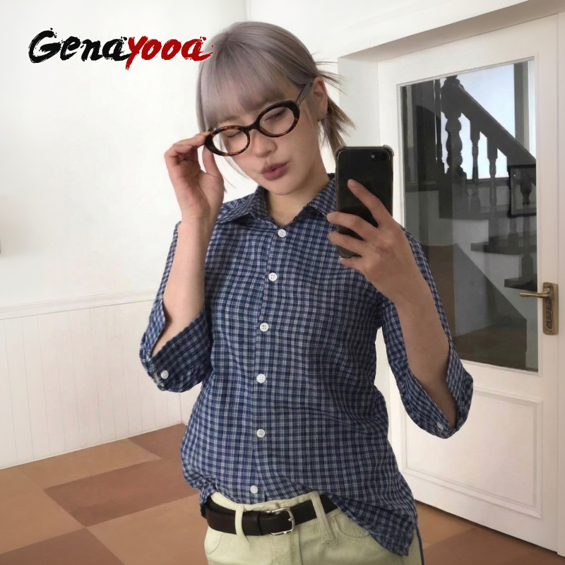 Street Fashion In Korea - Genayooa Y2k Plaid Shirt Women Three