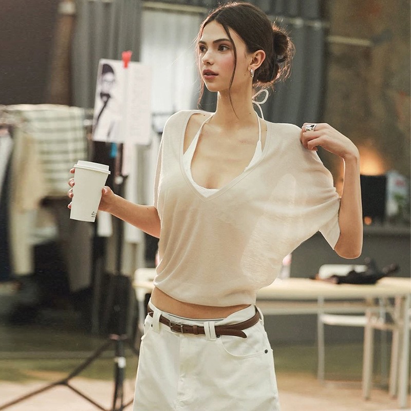 Pink Blouse Loose Fit V Neck S - Fashion Streetwear review and price
