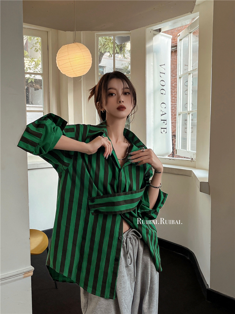 Korean striped shirt with asym - Street Fashion In Korea review and price