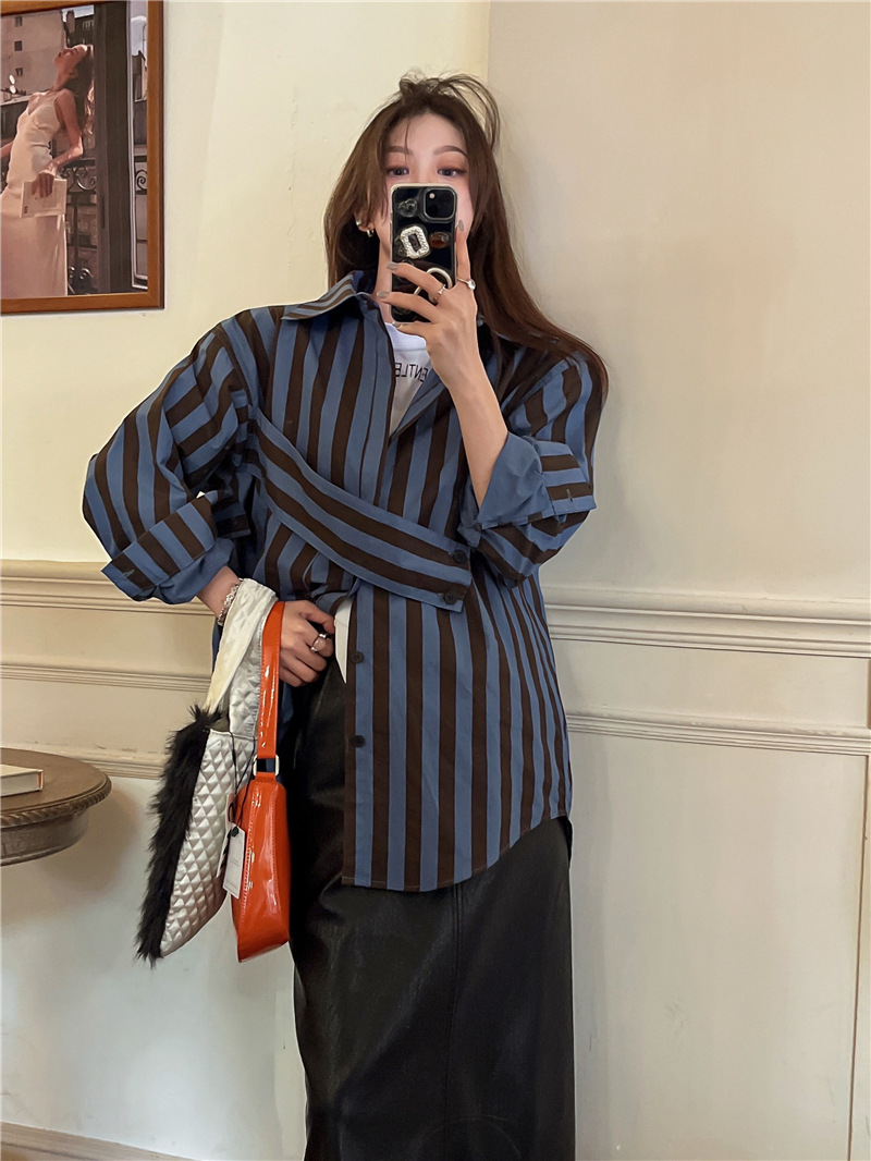Korean striped shirt with asym - Street Fashion In Korea review and price